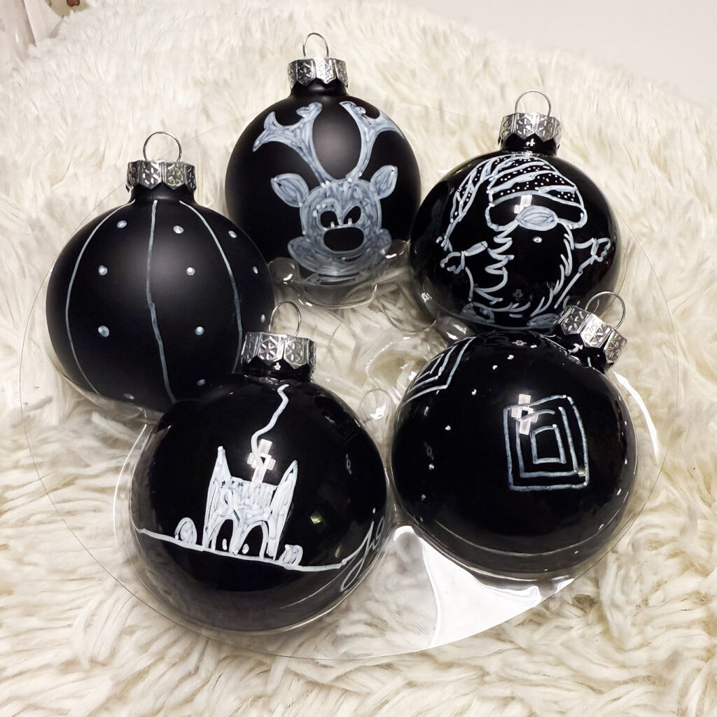 Symboles de Noël sur une boule de Noël en verre, création Atelier VADE.
boule noire brillante et mate, chat, nain, gnome, petits points, renne